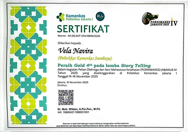 Gold Pekan Olahraga dan Seni Mahasiswa Kesehatan Jawa Bali Nusa Tenggara IV 2025 yang diselenggarakan oleh Asosiasi Politeknik Kesehatan Kementerian Kesehatan Indonesia (APKESI)